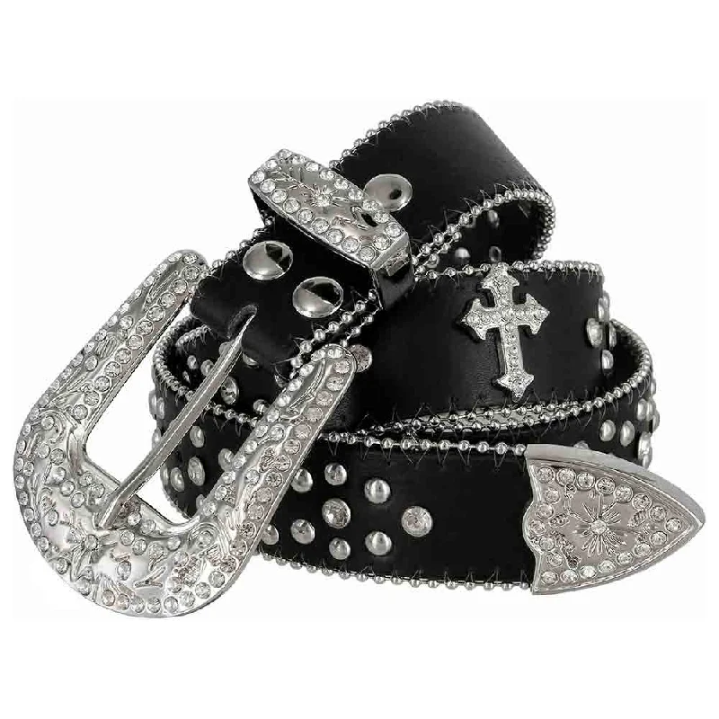 belt for men’s dress pants -Black Cross Stones With Studs And White Stones Studded Rhinestones Belts