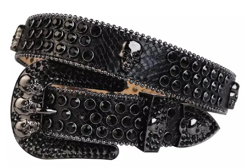 elastic waist belt for women’s dress -Black Strap With 7 Skulls Black Studded Rhinestone Belt