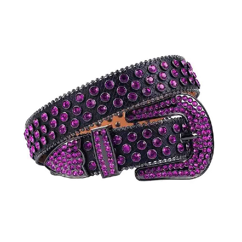 slim waist belt for formal pants -Black Strap With Purple Studded Rhinestone Belt