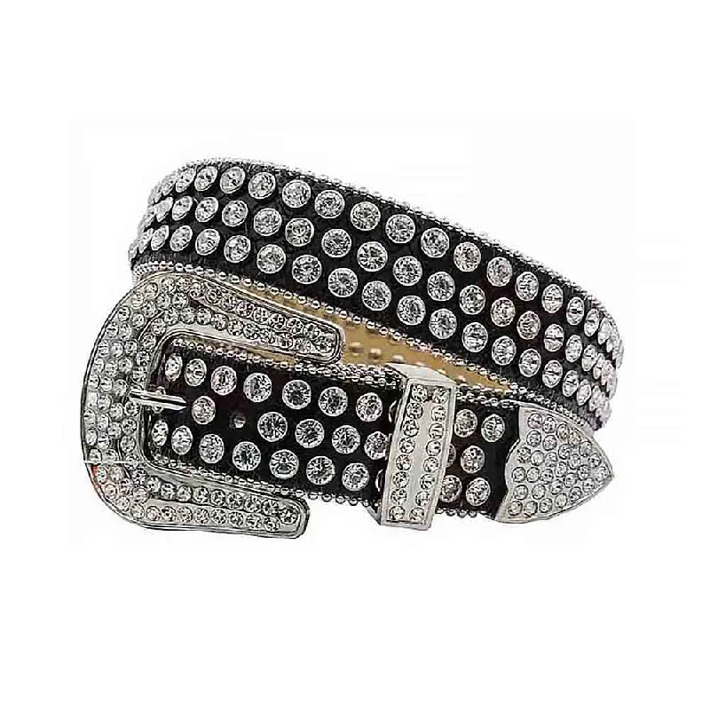 brown belt for men’s office wear -Black Strap With Sparkling White Studded Rhinestone Belt