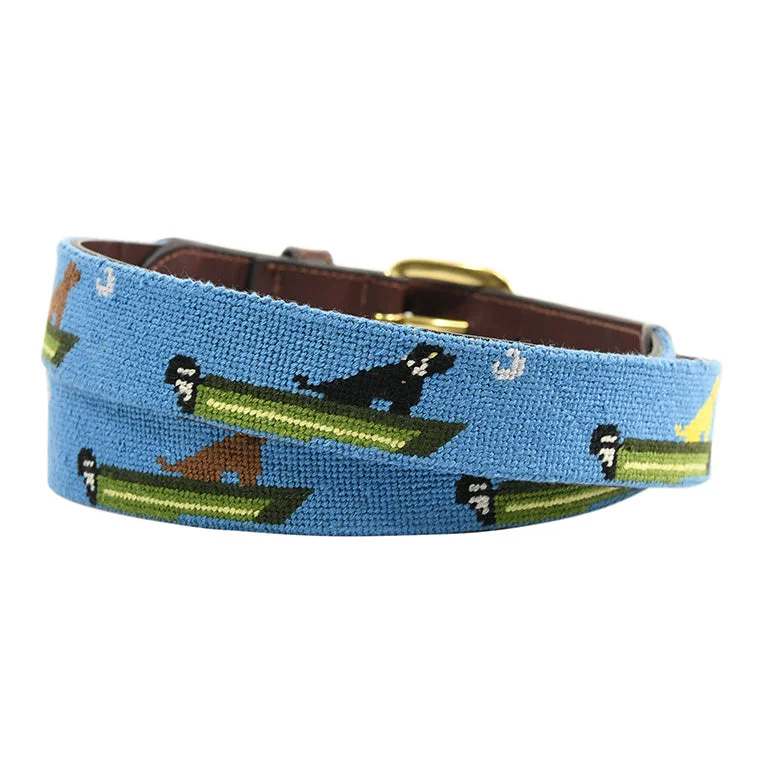 classic black leather waist belt -Charleston Belt Boat Dog Labrador Retriever Hand-stitched Needlepoint Belt - Kids