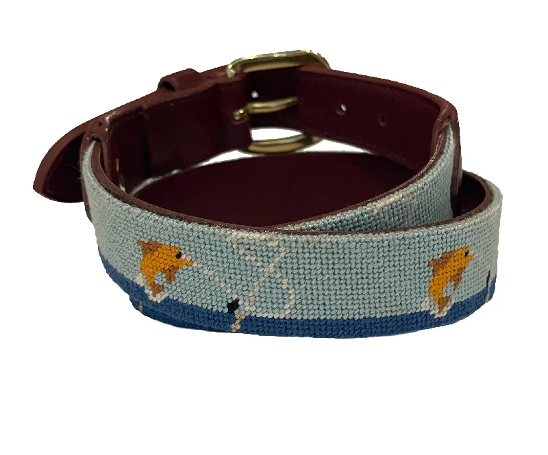 black leather belt with brass buckle -Charleston Belt Fly Fishing Hand-stitched Needlepoint Belt - Kids