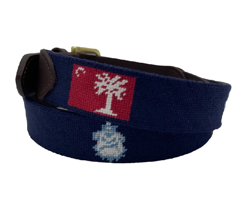 wide adjustable leather belt -Charleston Belt The Citadel Logo Officially Licensed Hand-stitched Needlepoint Belt in Navy Blue