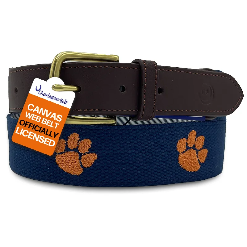 waist belt for fashionable trousers -Clemson University Tigers - Officially Licensed - Orange Paw Embroidery on Navy Blue Canvas Web Belt