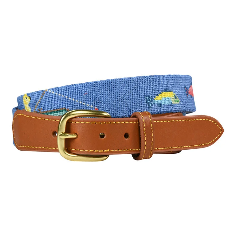 belt for outdoor winter wear -Charleston Belt Yellow Dog Fishing Ocean Blue and Tan Needlepoint - Boys