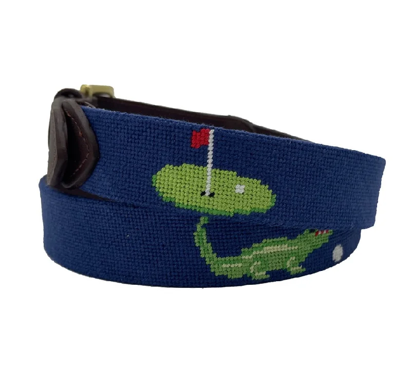 thick leather belt for formal pants -Charleston Belt Golf Green Gator Croc Leather Hand-stitched Needlepoint Belt Navy Blue