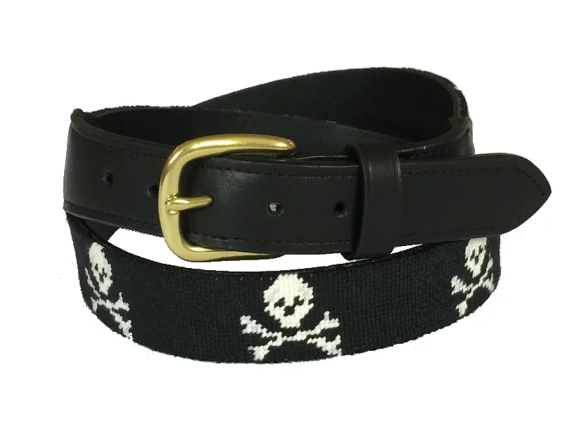 simple brown leather waist belt -Jolly Roger - Skull and Crossbones Needlepoint