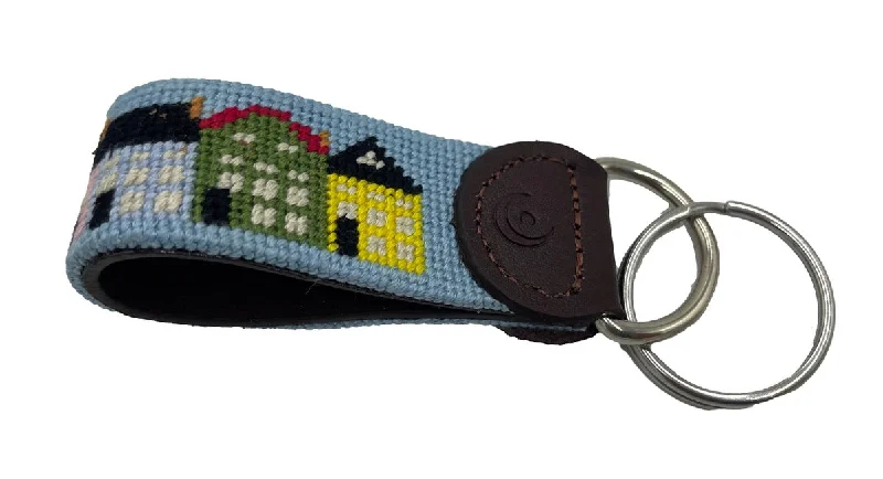 thick leather belt for trousers -Key Fob - Charleston Rainbow Row Hand-stitched Needlepoint