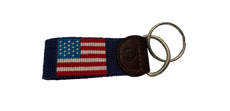 classic brown leather waist belt -Key Fob - USA Flag Hand-stitched Needlepoint