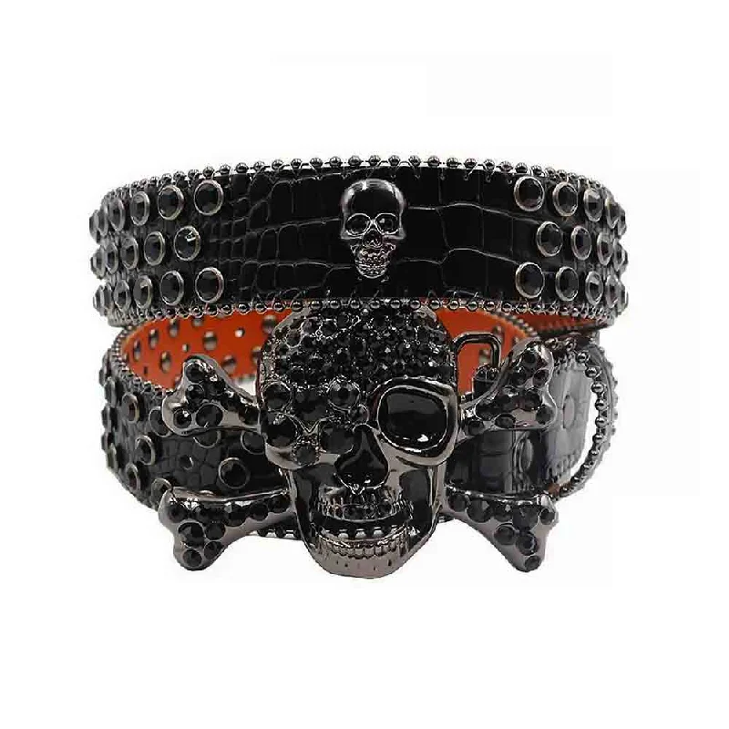 vintage leather waist belt -Metal Skull Black Crocodile Strap With Black Studded Rhinestone Diamond Belt