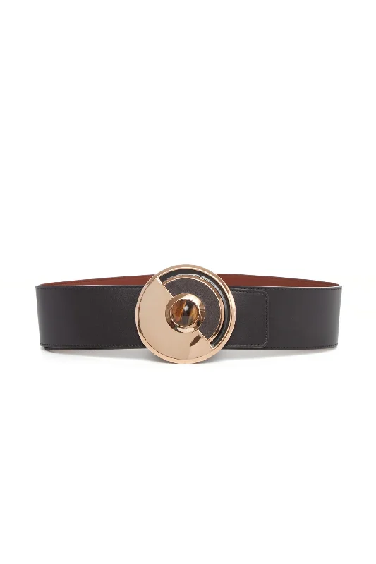 classic leather waist belt for women -Moya Reversible Large Belt in Black Leather & Tigers Eye