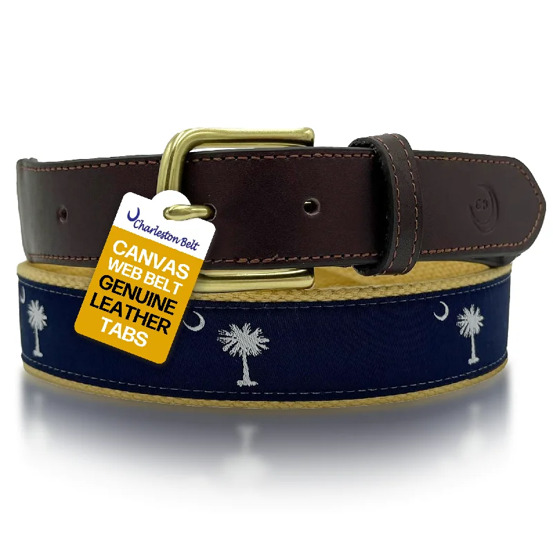 waist belt with woven details -Navy on Khaki - South Carolina Crescent Moon Palmetto State Flag Belt