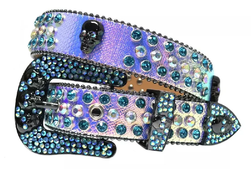 leather waist belt with rose gold buckle -Purple & Rose Gold Strap With Multi Color Studded Rhinestone Belt