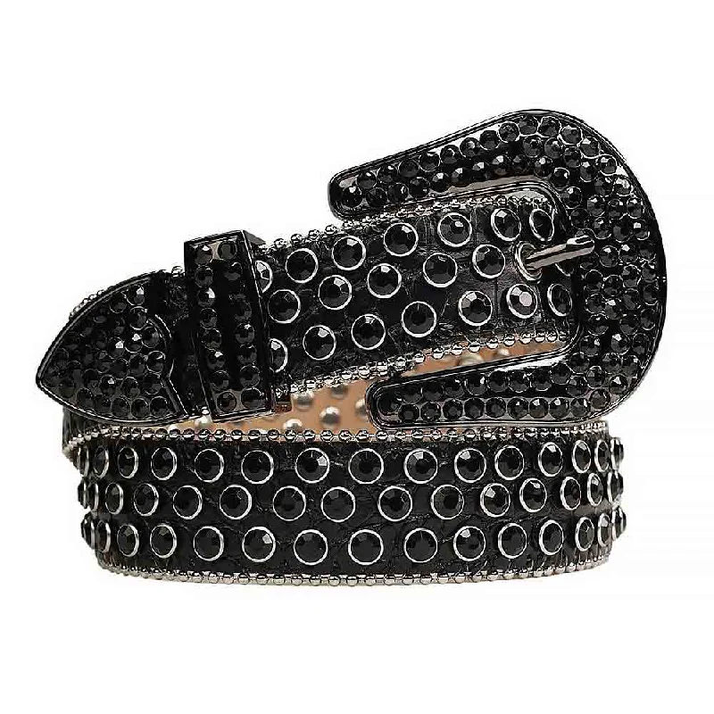 women’s colorful leather belt -Real Black Rhinestone Belt