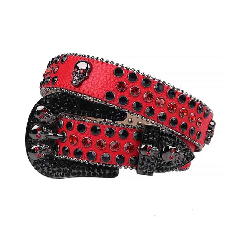 leather belt with tassel detail -Red Strap With 7 Skulls Red & Black Studded Rhinestone Belt