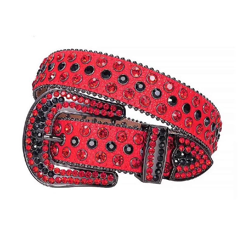 women’s thin waist belt -Red Strap With Crystal Red & Black Rhinestone Belt