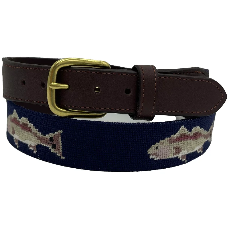 belt with embossed leather design -Redfish Fishing Needlepoint Belt