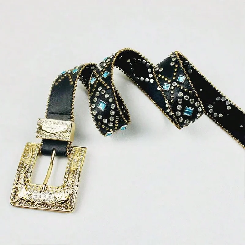 thick leather belt for trousers -Rhinestone PU Leather Belt