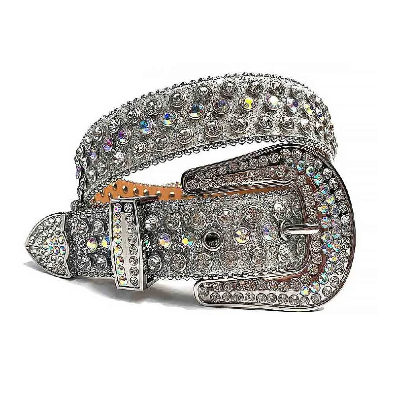 stylish leather belt for formal pants -Silver Strap With Multi Color & Diamond Crystals Studded Rhinestone Belt