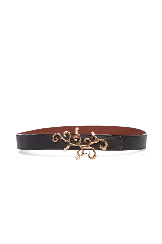 wide leather waist belt for skirts -Sylvian Reversible Belt in Rose Gold and Black Leather