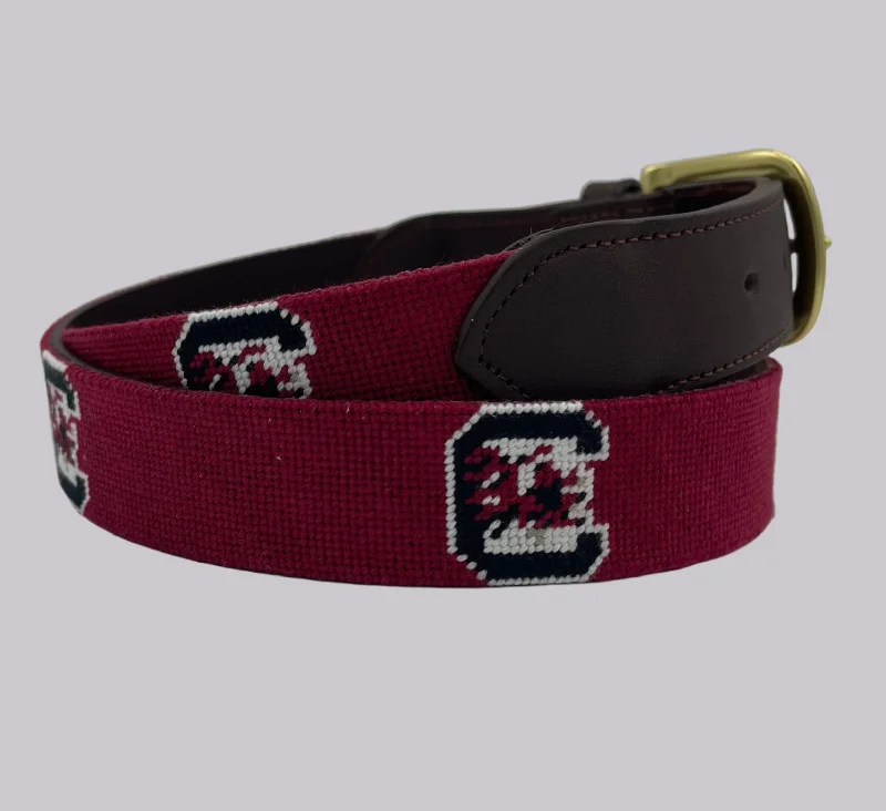 leather waist belt for casual dress -University of South Carolina (USC) Gamecocks - Officially Licensed - Hand-stitched Needlepoint Belt