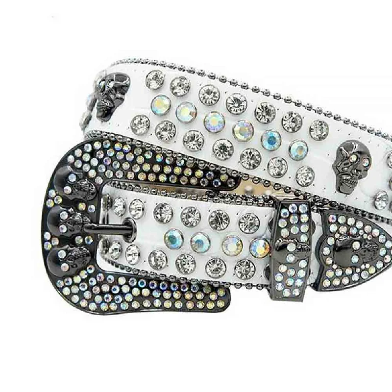 black leather waist belt with silver buckle -White Strap With Diamond White Studded Rhinestone Belt