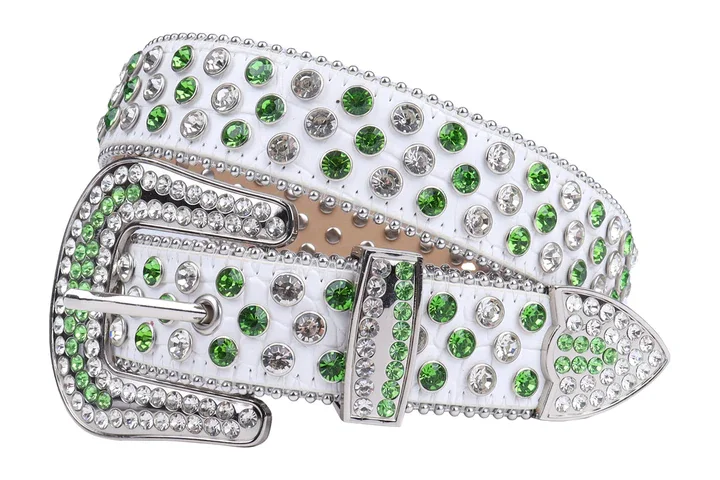 luxury waist belt for special occasions -White Strap With Green & White Studded Rhinestone Belt