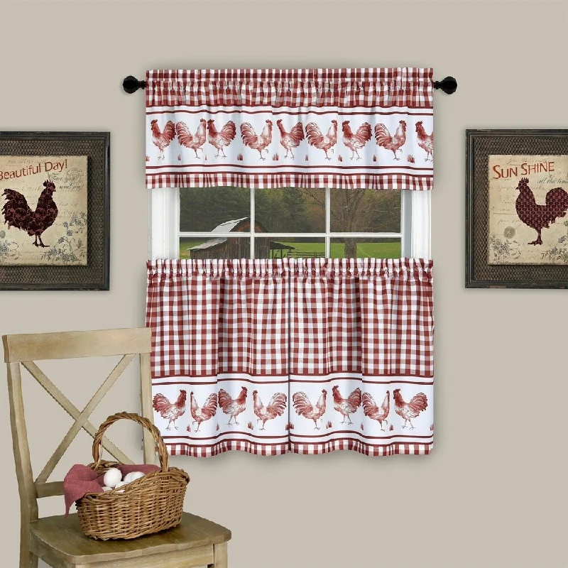 high-end wedding bow ties-3 Piece Barnyard Buffalo Check Rooster Tier and Valance Curtain Set- 24" Burgundy - 24 inch