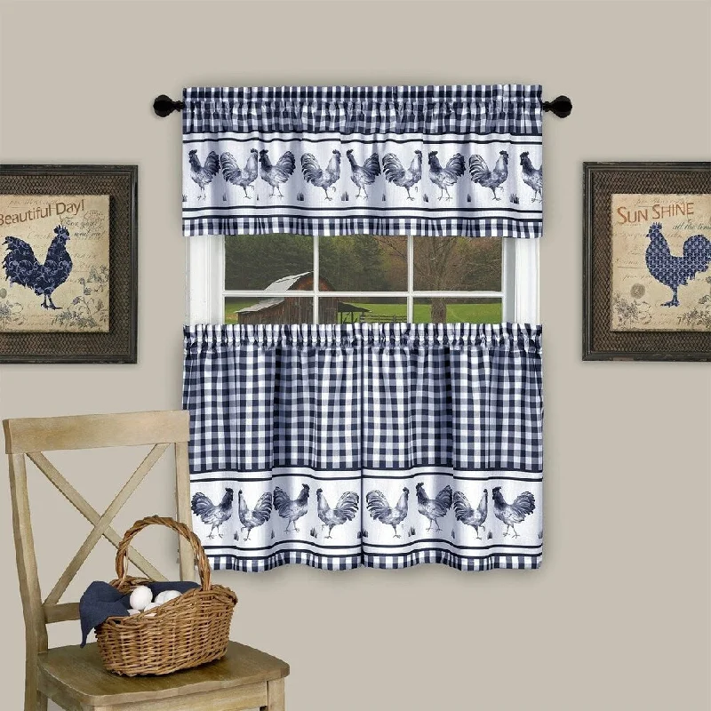 designer men's silk bow ties-3 Piece Barnyard Buffalo Check Rooster Tier and Valance Curtain Set- 24" Navy - 24 inch - 24 inch