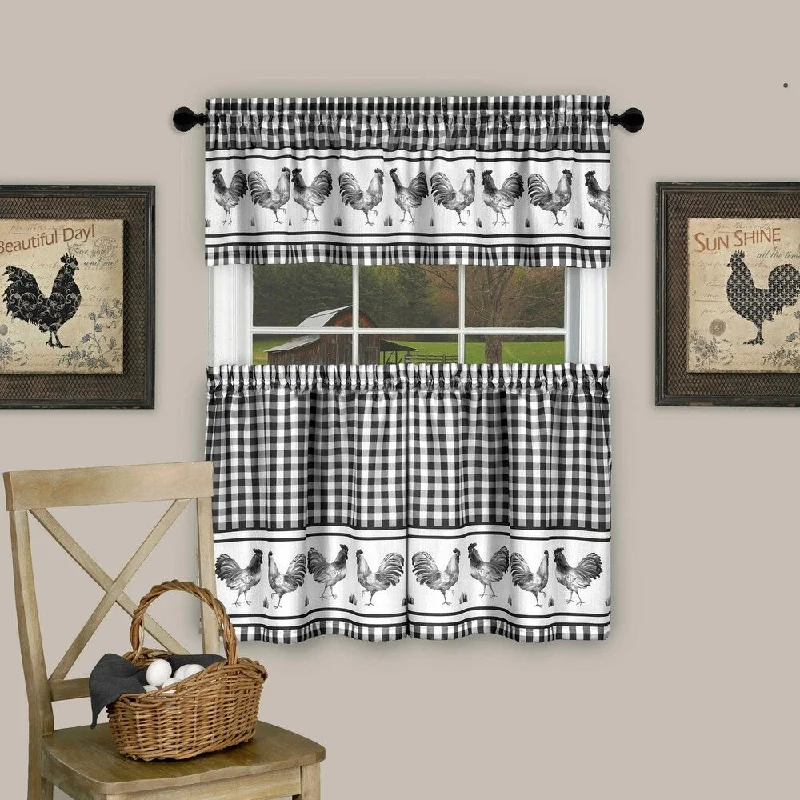 silk neckties for special events-3 Piece Barnyard Buffalo Check Rooster Tier and Valance Curtain Set- 36" Black - 36 inch