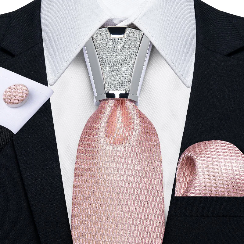 luxury necktie options for men-4PC Pink solid Men's Tie Handkerchief Cufflinks Accessory Set