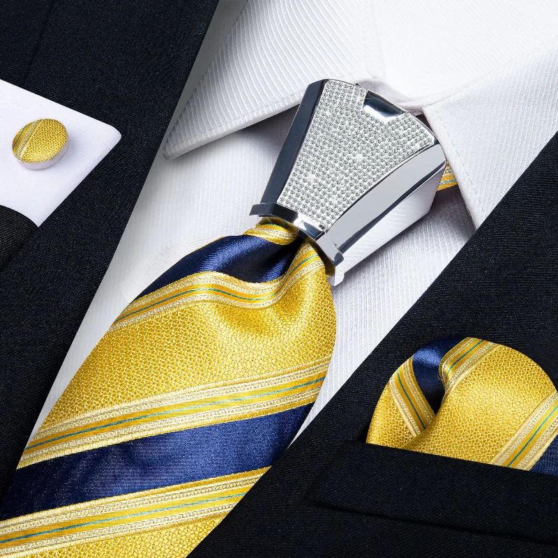 comfortable neckties for office wear-4PCS Yellow Blue Stripe Men's Tie Handkerchief Cufflinks Accessory Set