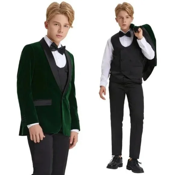 silk ties for casual outfits-5pc Green Boys Velvet Tuxedo Includes Bowtie by Tazio