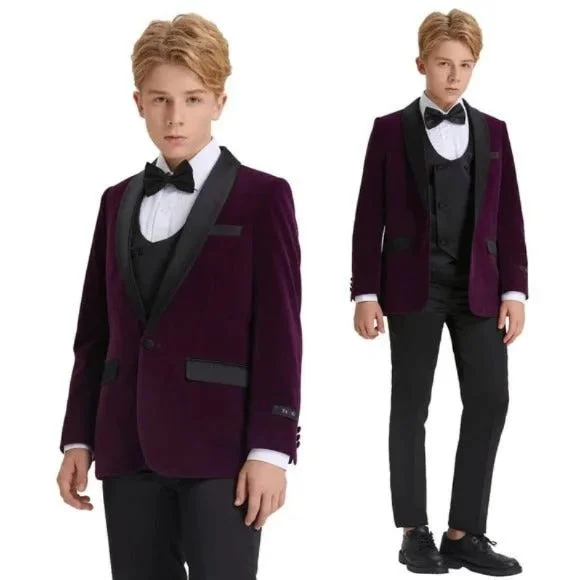 unique wedding tie designs for men-5pc Purple Boys Velvet Tuxedo Bowtie by Tazio