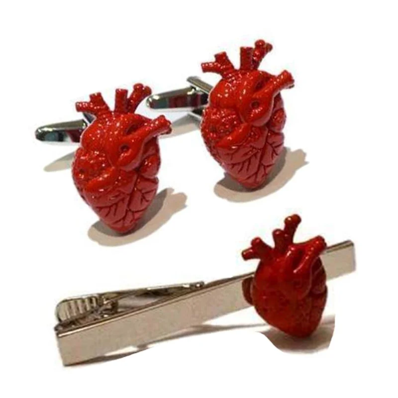 designer office tie sets-Anatomical Heart Cufflinks & Tie Clip Set