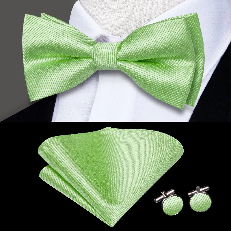 men's striped necktie designs-Apple Green Striped Men's Pre-tied Bowtie Pocket Square Cufflinks Set