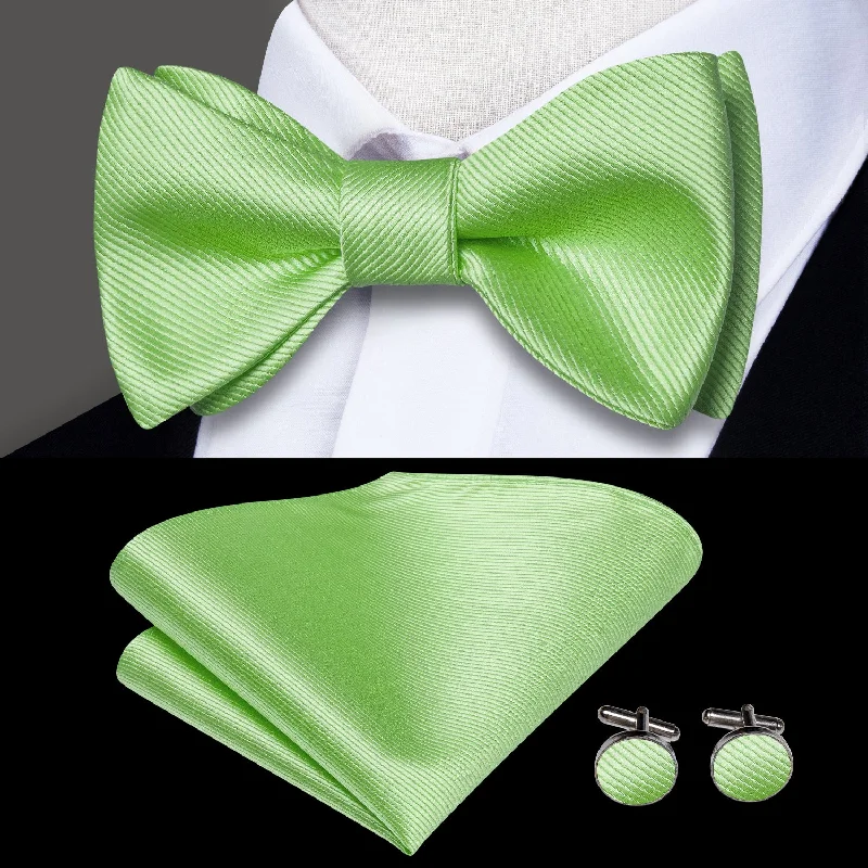 trendy necktie designs for work-Apple Green Striped Self-tied Bow Tie Pocket Square Cufflinks Set