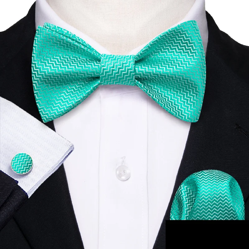 men's wedding tie designs-Aqua Green Novelty Self-tied Bow Tie Pocket Square Cufflinks Set