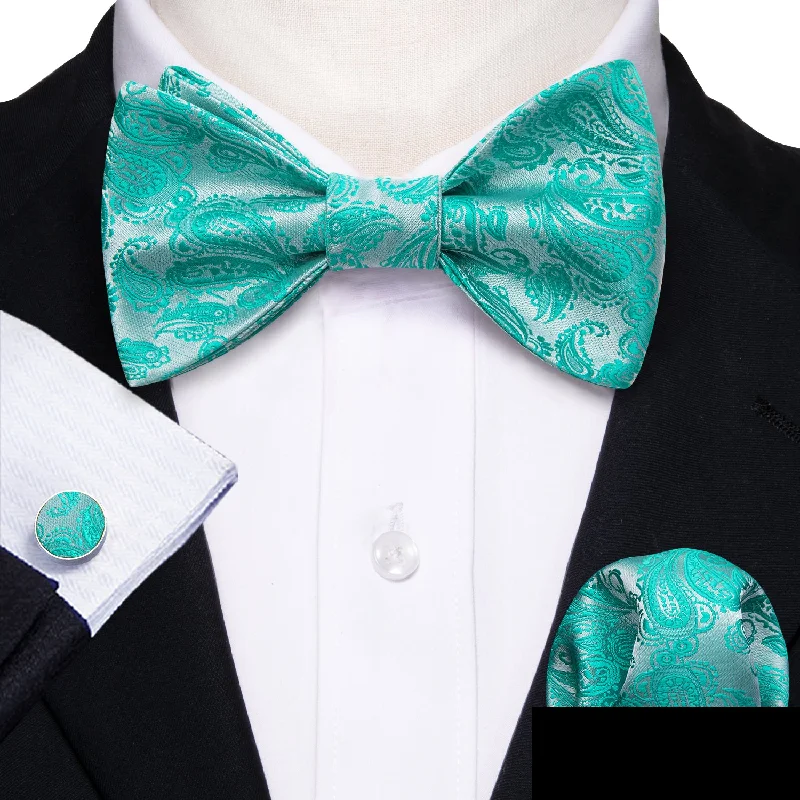 men's wedding necktie sets-Aqua Green Paisley Self-tied Bow Tie Pocket Square Cufflinks Set