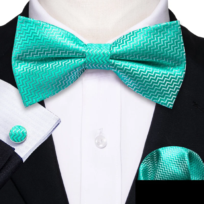 luxury silk bow ties for men-Aqua Novelty Men's Pre-tied Bowtie Pocket Square Cufflinks Set