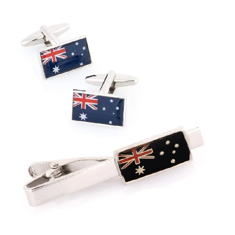 high-end wedding necktie sets-Australian Flag Cufflinks & Tie Clip Set