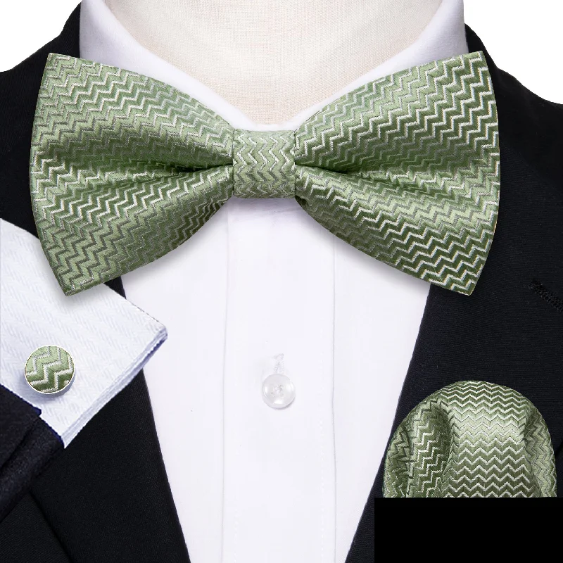 silk tie bundles for men-Avocado Green Novelty Men's Pre-tied Bowtie Pocket Square Cufflinks Set