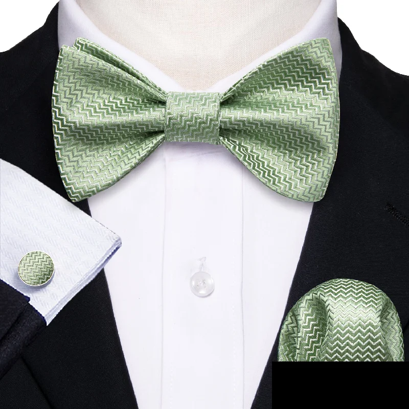 elegant silk ties for interviews-Avocado Green Novelty Self-tied Bow Tie Pocket Square Cufflinks Set