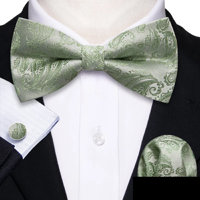 simple necktie styles-Avocado Green Paisley Men's Pre-tied Bowtie Pocket Square Cufflinks Set