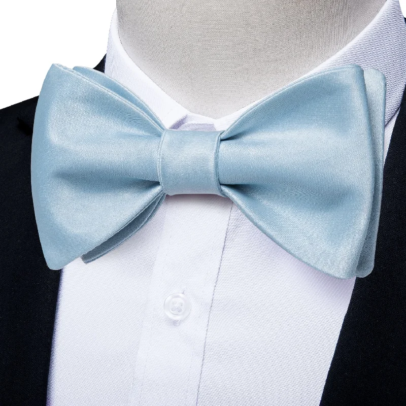 fun color neckties for weddings-Baby Blue Solid Self-tied Bow Tie Pocket Square Cufflinks Set