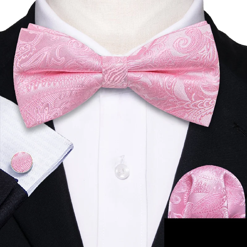 stylish necktie bundles-Baby Light Pink Paisley Men's Pre-tied Bowtie Pocket Square Cufflinks Set