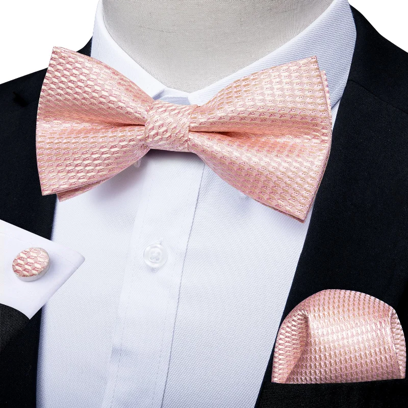 silk neckties for corporate events-Baby Pink Plaid Men's Pre-tied Bowtie Pocket Square Cufflinks Set