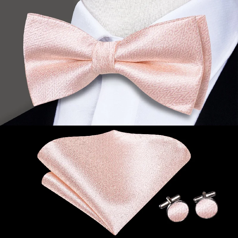 silk ties for business meetings-Baby Pink Solid Men's Pre-tied Bowtie Pocket Square Cufflinks Set