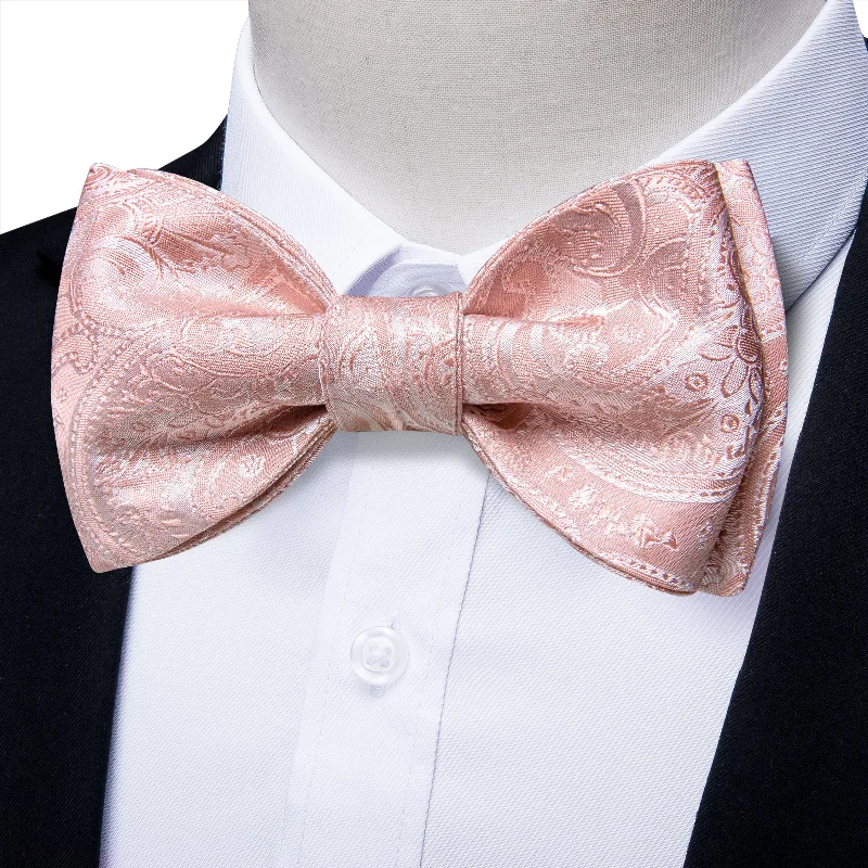 unique wedding necktie combinations-Baby Pink White Paisley Self-tied Bow Tie Pocket Square Cufflinks Set