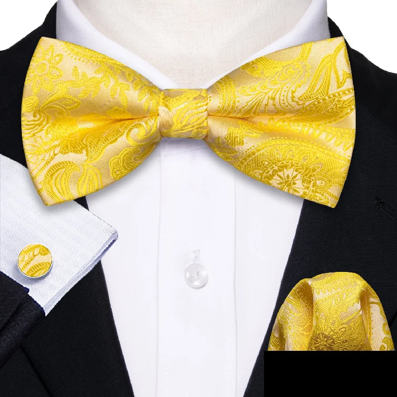 luxury designer neckties for men-Baby Yellow Paisley Men's Pre-tied Bowtie Pocket Square Cufflinks Set